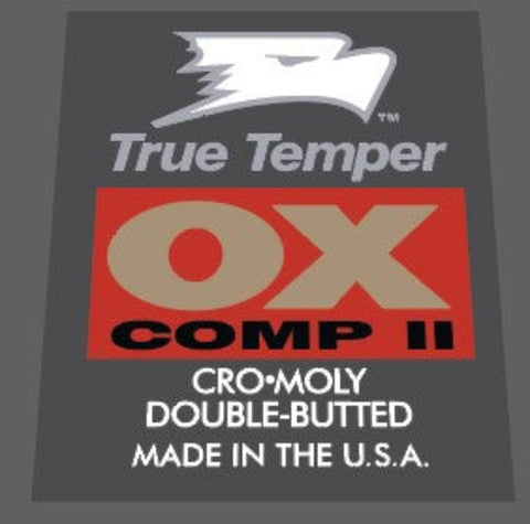 A red or purple True Temper OX Comp II cro-moly double-butted frame decal with the text 'True Temper' and 'OX Comp II' on it.