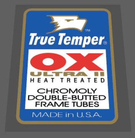 A decal for True Temper OX Ultra II chromeoly double-butted frame tubes featuring the brand name and 'Made in USA' text.