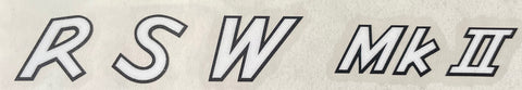RALEIGH RSW MkII decal for the fat "downtube" of these machines, Raleigh's answer to the Moulton.  White with black edge.