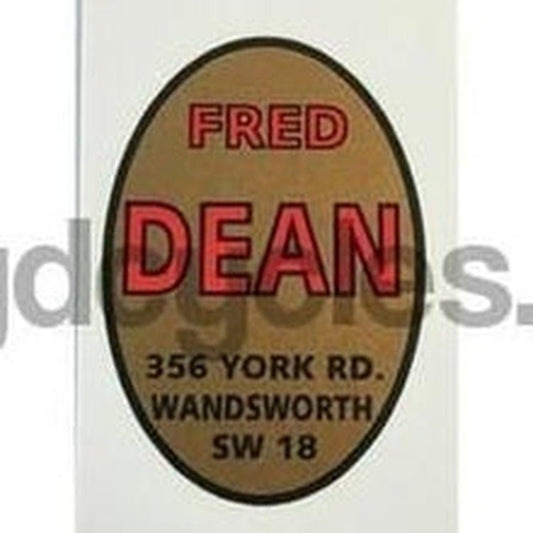 FRED DEAN. Oval head/seat transfer with 356 York Road address. Red/black/gold - H Lloyd Cycles