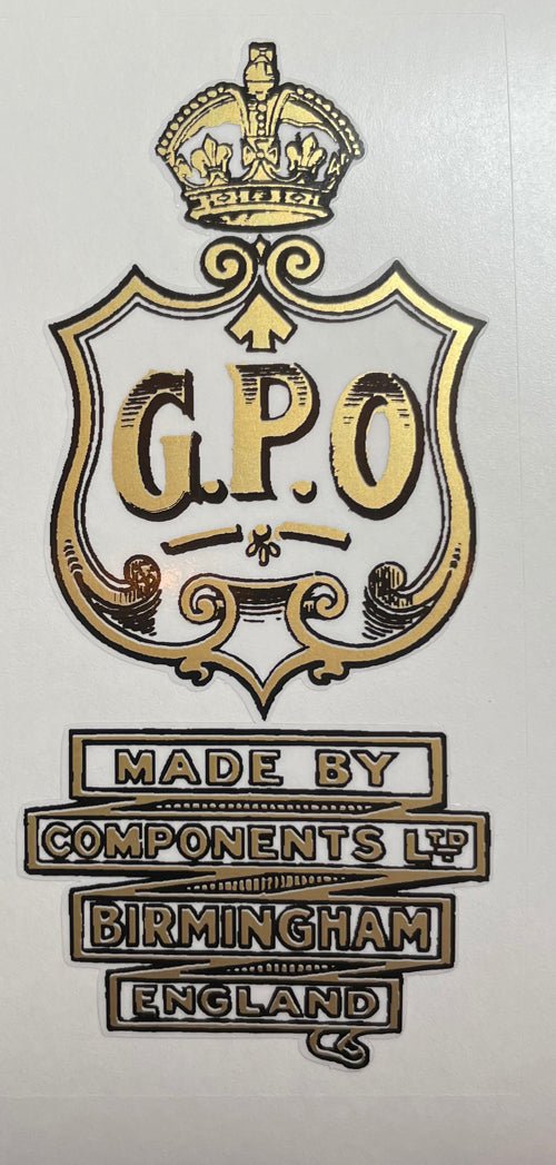 GPO "Made by Components Ltd." gold/black seat transfer with crown and ordnance mark - H Lloyd Cycles
