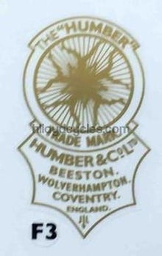 HUMBER head/seat transfer in plain gold with "Nymphs" and "Beeston, Wolverhampton, Coventry" - H Lloyd Cycles