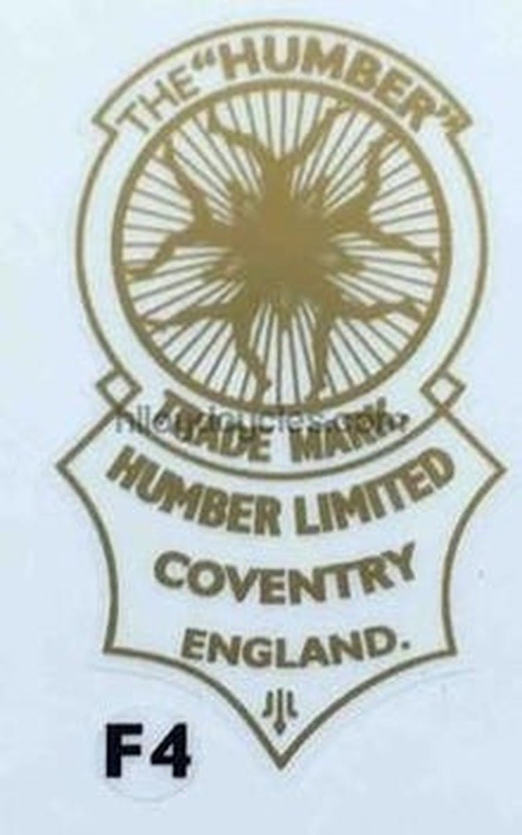 HUMBER head/seat transfer in plain gold with "Nymphs" and "Humber Limited, Coventry, England" (Note, LIMITED, not Co. Ltd.) - H Lloyd Cycles