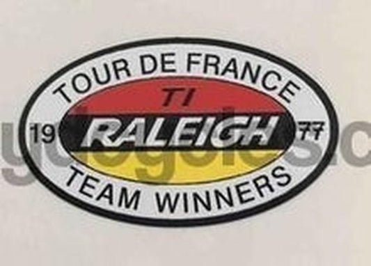 RALEIGH detail. Oval decal used chainstay. "1977 Tour De France Team Winners" Red/Yellow/black centre. - H Lloyd Cycles